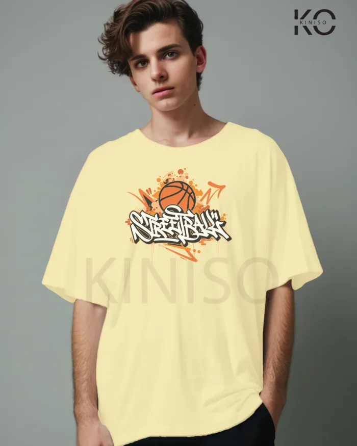 Image of Off White Color NBA Drop Shoulder T-Shirts with Street Basketball Printed for Basketball Lovers