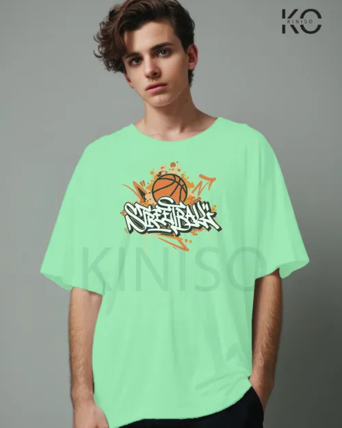 Image of Pastel Mint Color NBA Drop Shoulder T-Shirts with Street Basketball Printed for Basketball Lovers