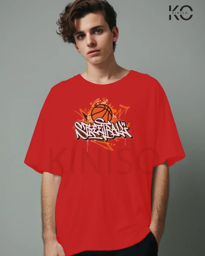 Image of Red Color NBA Drop Shoulder T-Shirts with Street Basketball Printed for Basketball Lovers