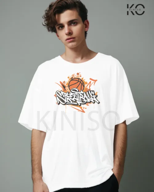 Image of White Color NBA Drop Shoulder T-Shirts with Street Basketball Printed for Basketball Lovers