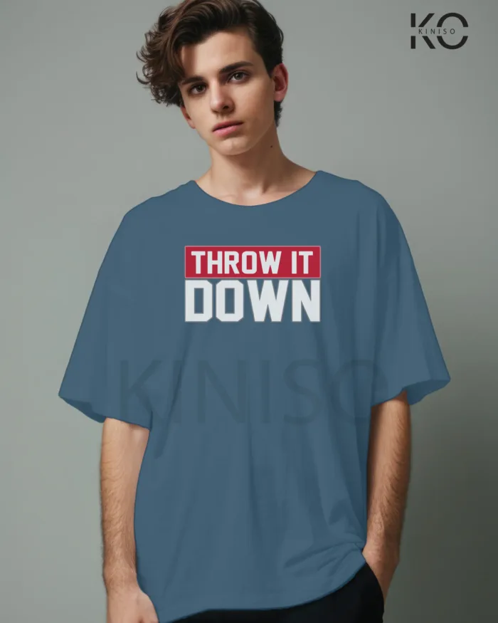 Image of Glaucous Blue Color NBA Drop Shoulder T-Shirts with Throw it Down Printed for Basketball Lovers
