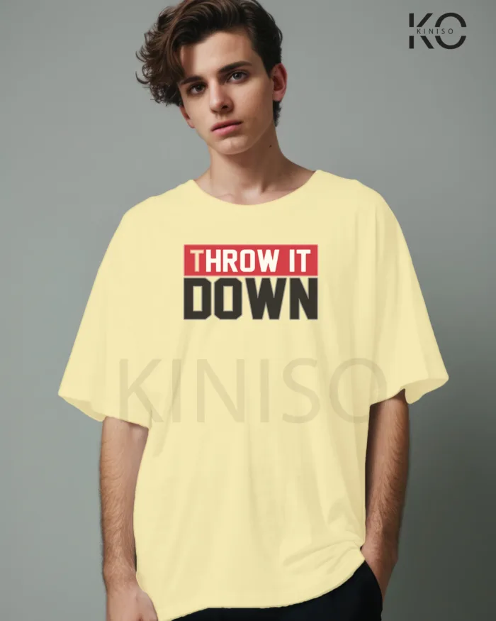 Image of Off White Color NBA Drop Shoulder T-Shirts with Throw it Down Printed for Basketball Lovers
