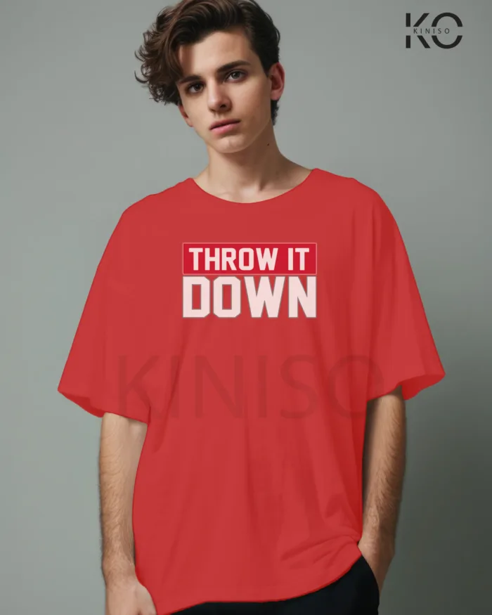 Image of Red Color NBA Drop Shoulder T-Shirts with Throw it Down Printed for Basketball Lovers