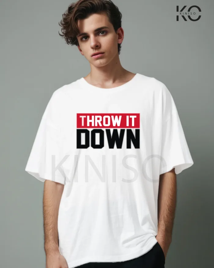 Image of White Color NBA Drop Shoulder T-Shirts with Throw it Down Printed for Basketball Lovers