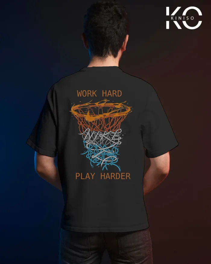 Image of Black Color NBA Drop Shoulder T-Shirts with Work Hard Play Harder Printed for Basketball Lovers