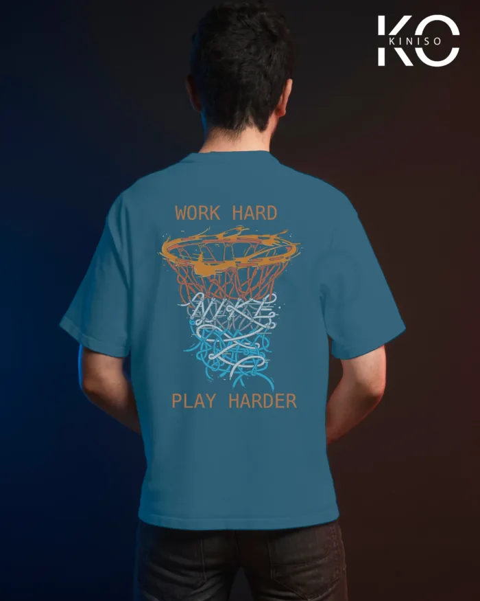 Image of Glaucous Blue Color NBA Drop Shoulder T-Shirts with Work Hard Play Harder Printed for Basketball Lovers