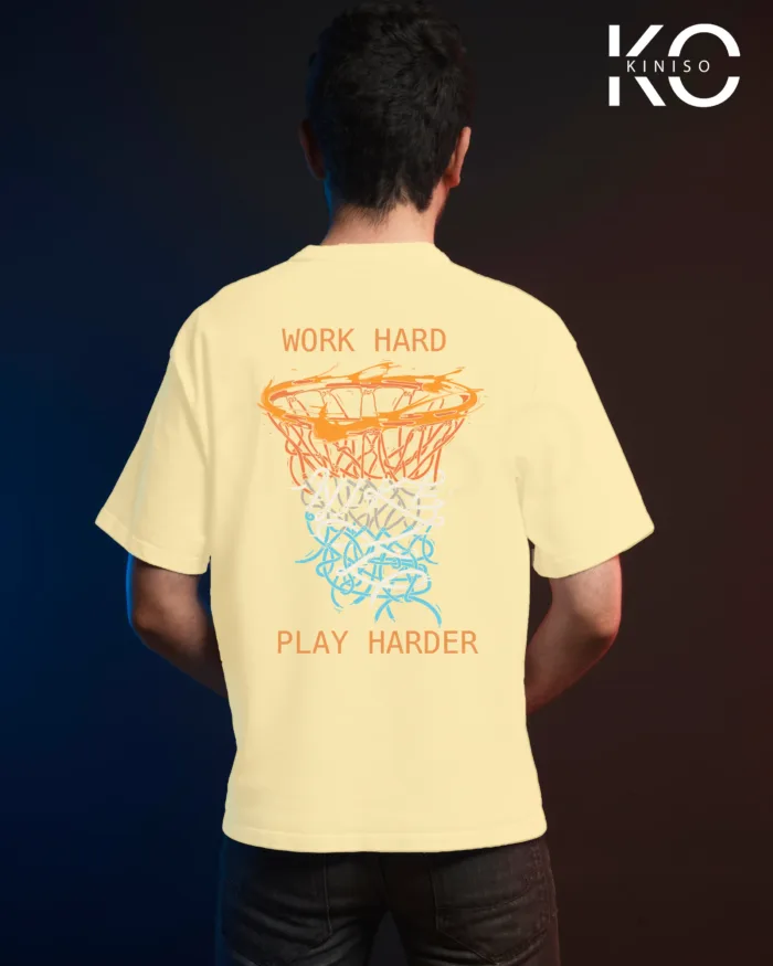 Image of Off White Color NBA Drop Shoulder T-Shirts with Work Hard Play Harder Printed for Basketball Lovers
