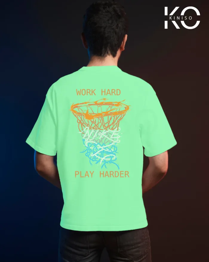 Image of Pastel Mint Color NBA Drop Shoulder T-Shirts with Work Hard Play Harder Printed for Basketball Lovers