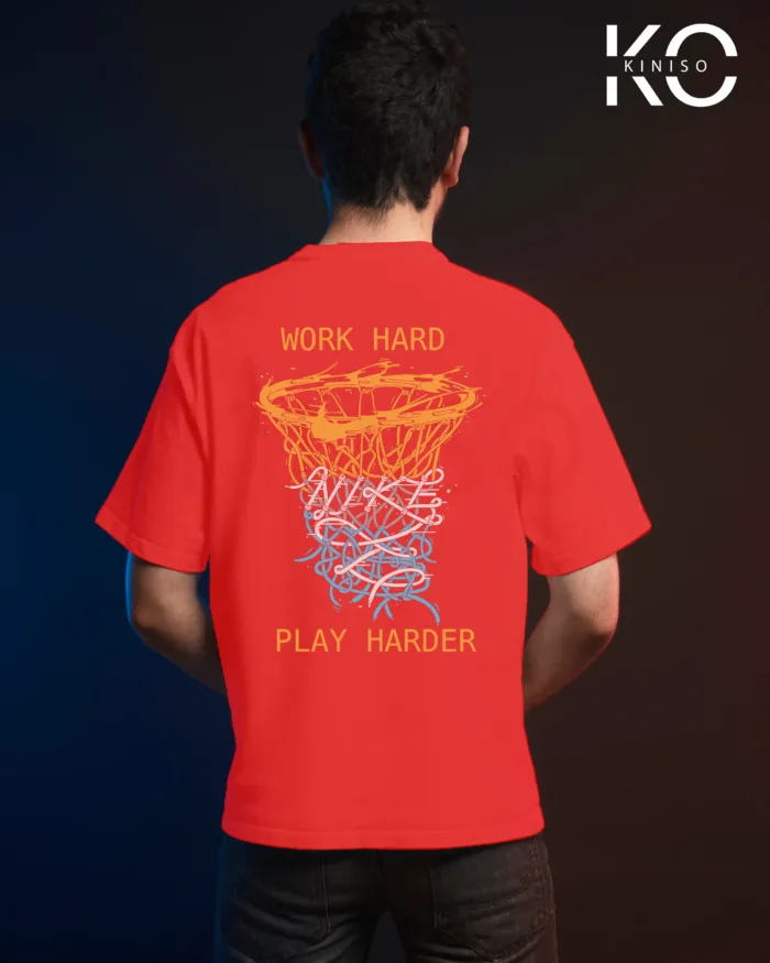 Image of Red Color NBA Drop Shoulder T-Shirts with Work Hard Play Harder Printed for Basketball Lovers