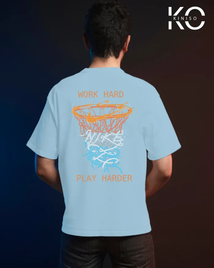 Image of Sky Blue Color NBA Drop Shoulder T-Shirts with Work Hard Play Harder Printed for Basketball Lovers