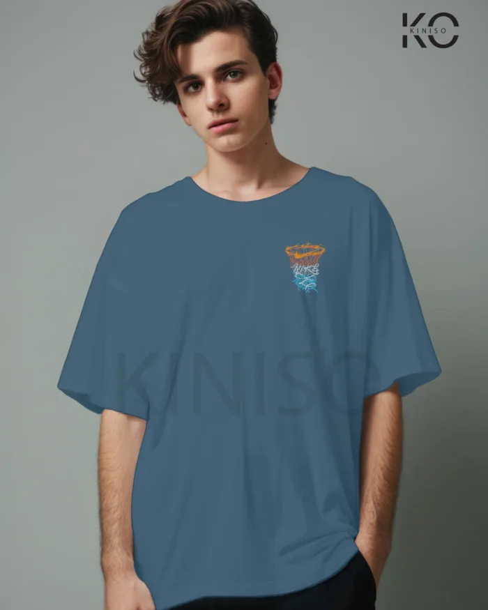 Image of Glaucous Blue Color NBA Drop Shoulder T-Shirts with Work Hard Play Harder Printed for Basketball Lovers