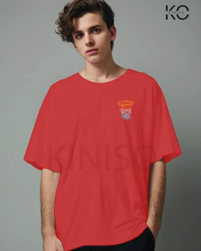 Image of Red Color NBA Drop Shoulder T-Shirts with Work Hard Play Harder Printed for Basketball Lovers