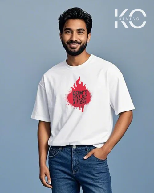 Drop Shoulder White Color GYM T Shirt with Dont Give Up design print for men