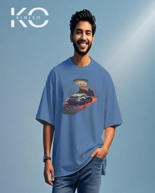 Glaucous Blue Color Car t shirt with Car Riding at Night design print for car lovers