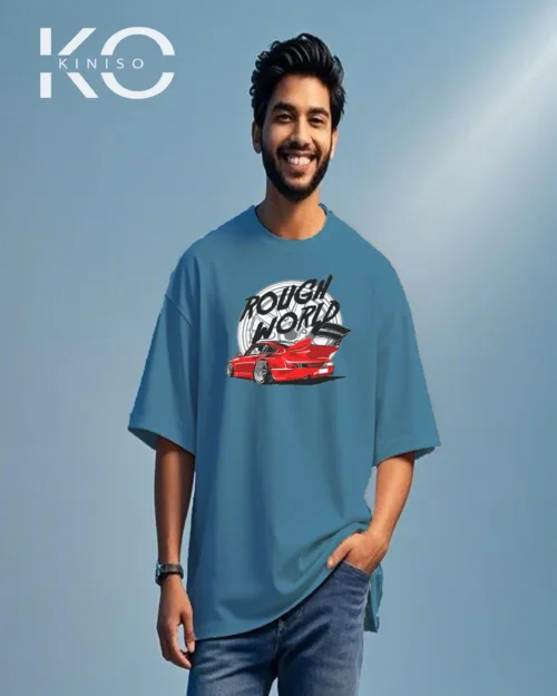 Glaucous Blue color Car T shirt with Rough World printed for car lovers