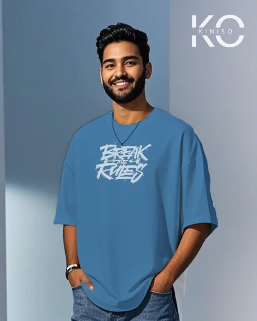 Image of Glaucous Blue color drop shoulder Break The Rules text printed for men