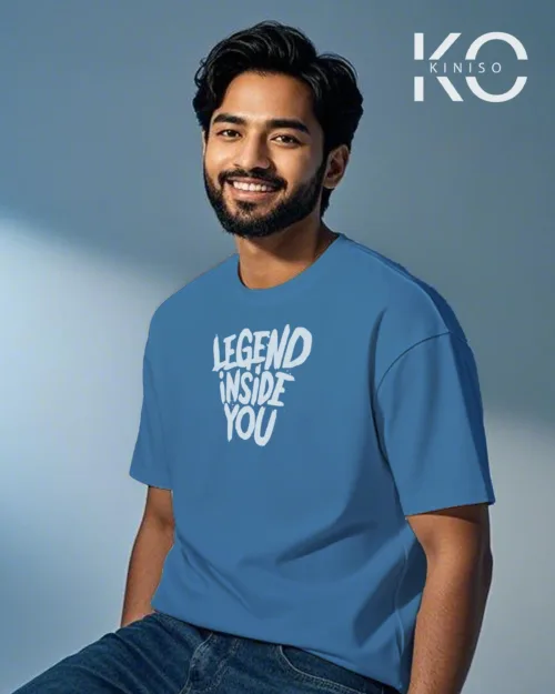 Image of Glaucous Blue color drop shoulder GYM t shirt with Legend Inside You text printed for men