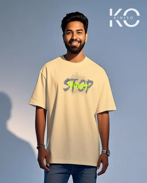 Image of Off White color drop shoulder GYM t shirt with Never Stop design print for men