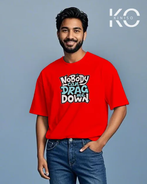 Image of Red Color drop shoulder Gym T Shirt with Drag me Down print for men