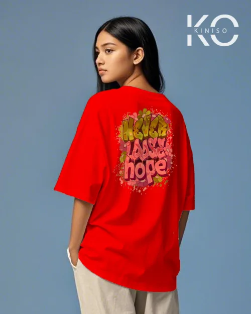 Image of Red Drop Shoulder Graffiti T Shirt with Never Loose Hope Design for Women Back Side