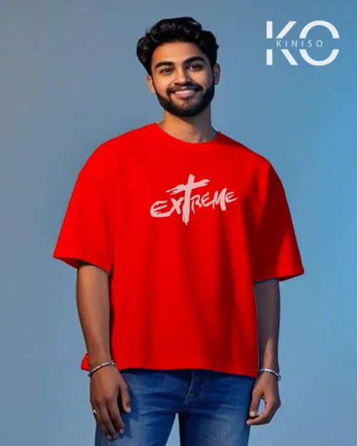 Image of Red color drop shoulder GYM t shirt with Extreme text printed for men