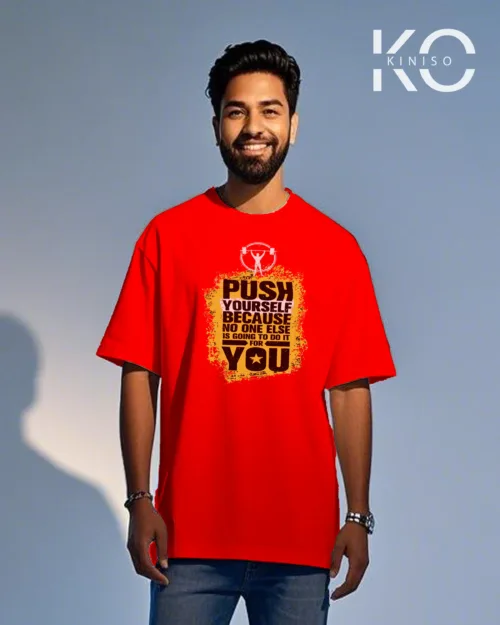 Image of Red color drop shoulder GYM t shirt with Push Yourself design printed for men