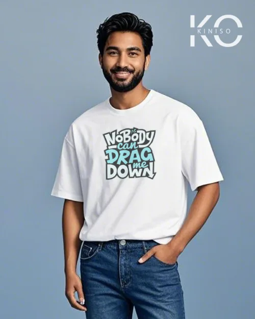 Image of White Color drop shoulder Gym T Shirt with Drag me Down print for men