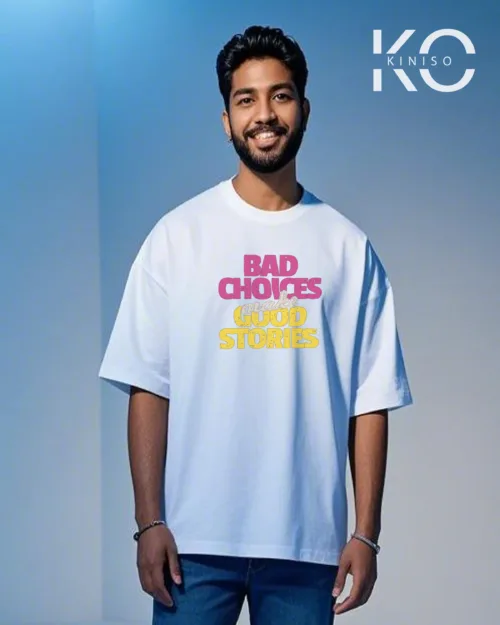Image of White color Drop Shoulder GYM T Shirt with Bad Choice Print fro men