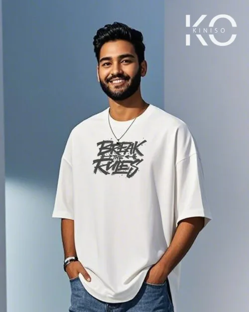 Image of White color drop shoulder Break The Rules text printed for men