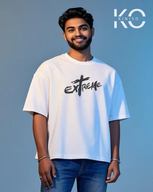 Image of White color drop shoulder GYM t shirt with Extreme text printed for men