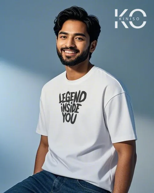 Image of White color drop shoulder GYM t shirt with Legend Inside You text printed for men