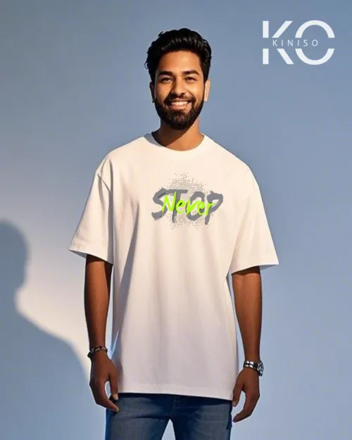 Image of White color drop shoulder GYM t shirt with Never Stop design print for men