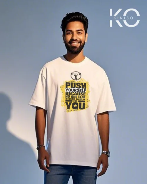 Image of White color drop shoulder GYM t shirt with Push Yourself design printed for men