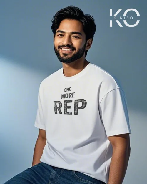 Image of White color drop shoulder t shirt with One More Rep Text printed for men
