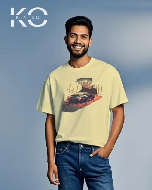 Off White Color Car t shirt with Car Riding at Night design print for car lovers