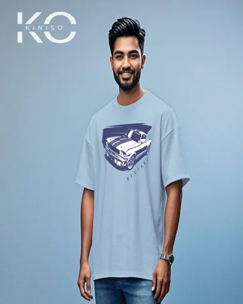 Periwinkle Blue Color Car t shirt with Mustang design print for car lovers