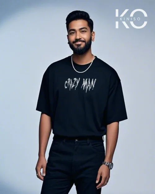 image of Balck color drop shoulder GYM t shirt with Carzy Man text Print for men
