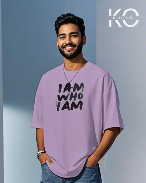 image of Light Purple color drop shoulder GYM t shirt with I am Who I am text printed for men