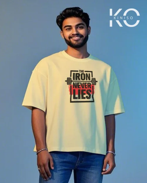 image of Off White color Drop shoulder GYM T shirt with The Iron Never Lies design printed for men