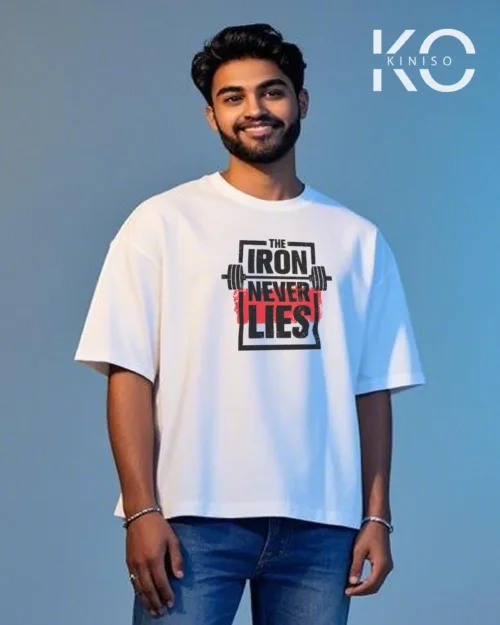 image of White color Drop shoulder GYM T shirt with The Iron Never Lies design printed for men