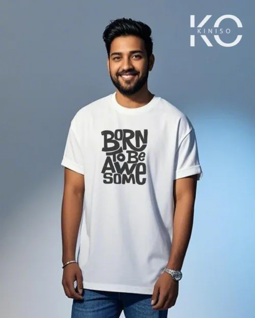 image of White color drop shoulder GYM t shirt for men with Born to be Awesome text printed for men