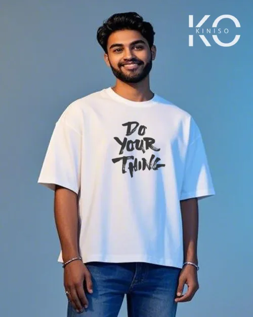 image of White color drop shoulder GYM t shirt with Do Your Thing text printed for men