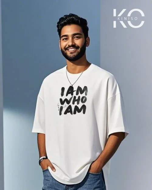 image of White color drop shoulder GYM t shirt with I am Who I am text printed for men