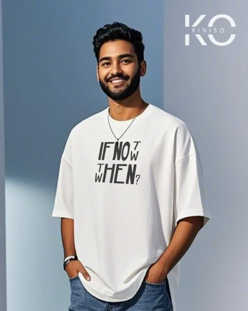 image of White color drop shoulder GYM t shirt with If Not Now text printed for men