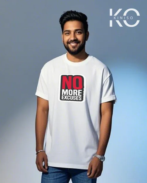 image of White color drop shoulder GYM t shirt with No more Excuse design printed for men