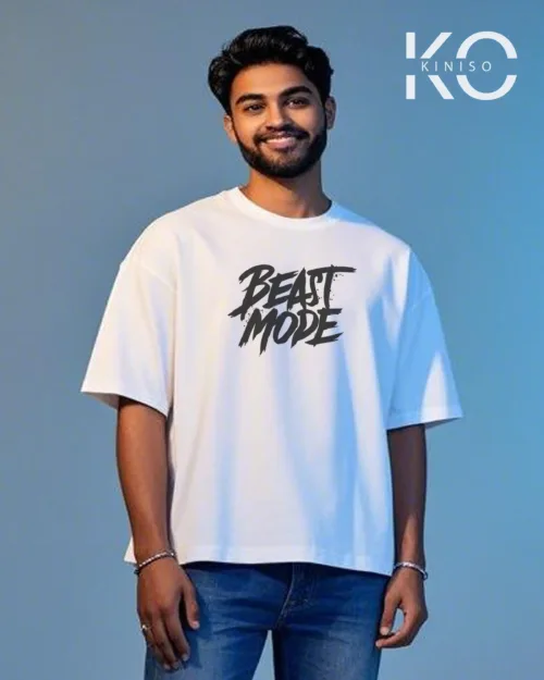 image of white color drop shoulder GYM t shirt with Beast Mode text printed for men