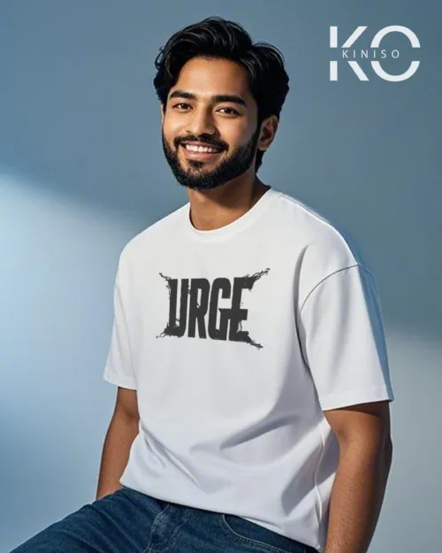 image of white color drop shoulder GYM t shirt with Urge text printed for men