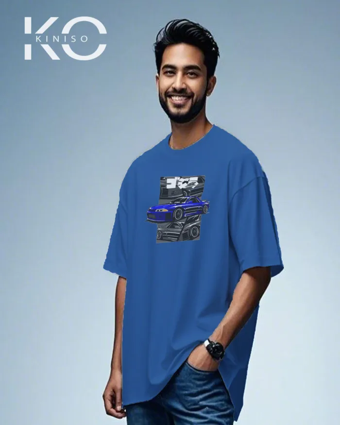 Graphic automobile t shirts for males with Blue Racing Car Print - Image 4