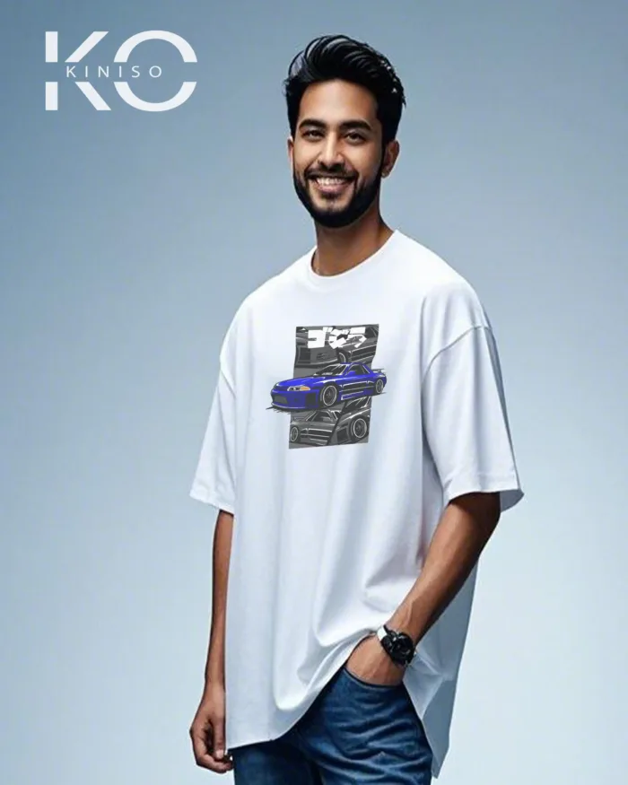 Graphic automobile t shirts for males with Blue Racing Car Print - Image 5