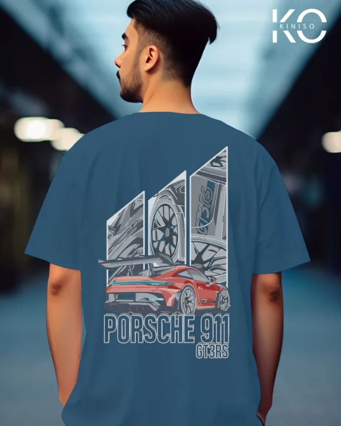Graphic car t shirts for guys with Porsche 911 Blue Style Printed - Image 2